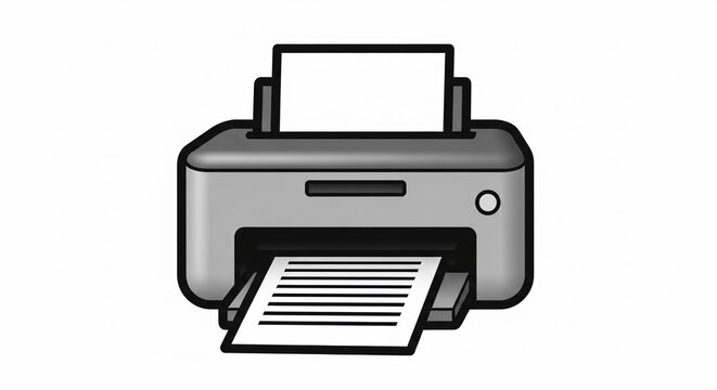 A grayscale illustration of a printer, showing paper output and input.