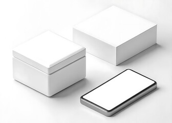 Fototapete - A modern smartphone with a blank white screen is placed near two white boxes, offering a clean and minimalist aesthetic, isolated on white background