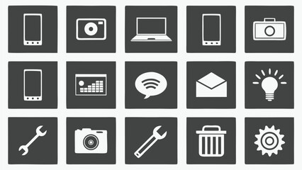 Collection of modern flat icons representing technology and communication on a dark background