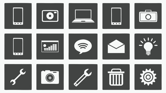 Collection of modern flat icons representing technology and communication on a dark background