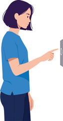 Poster - Woman interacting with digital touchscreen device in casual blue shirt and dark pants vector illustration