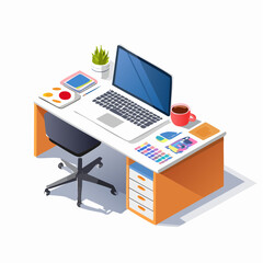 Fototapete - Isometric View of a Modern Workspace with Laptop and Creative Tools