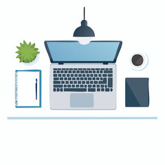 Fototapete - Overhead View of a Modern Workspace with Laptop Coffee and Plant