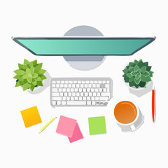 Poster - Overhead View of a Modern Workspace with Plants Coffee and Keyboard