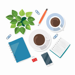 Poster - Overhead View of a Workspace with Coffee Plant and Stationery