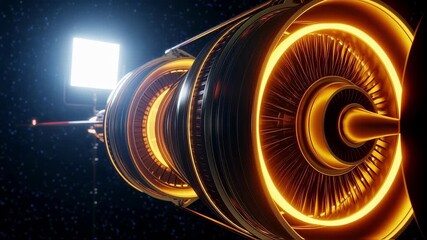 Aufkleber - Futuristic spaceship engine rotating slowly with glowing orange neon lights, against a backdrop of distant stars and a bright light source, creating a captivating scene of advanced space travel