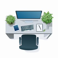 Fototapete - Overhead View of Modern Workspace with Computer Plants and Chair