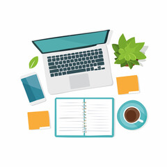 Poster - Overhead View of Workspace with Laptop Coffee and Stationery