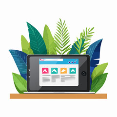 Poster - Tablet Displaying Website with Tropical Foliage