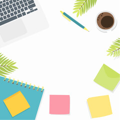 Poster - Workspace with laptop coffee stationery and tropical leaves flat lay