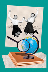 Poster - 3d pop image vertical artwork collage of two happy classmates schoolgirls jump globe geography lesson notepad magnifier lens