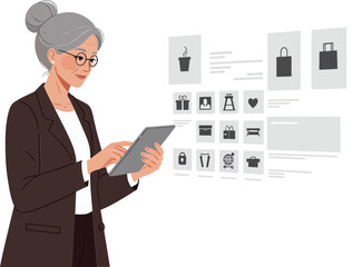 Poster - Senior businesswoman using tablet with digital interface icons technology and professional work vector illustration