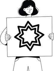 Poster - Woman holding star shaped geometric design vector illustration in black and white minimal style