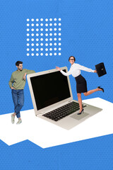 Aufkleber - Composite sketch design artwork 3D photo collage of young lady run man hold laptop virtual remote laptop device technology office manager