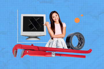 Poster - Full 3d sketch poster art collage of happy schoolgirl stand adjustable wrench point pc monitor key fix e-learning digital courses