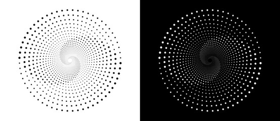 Poster - Modern abstract background. Halftone dots in circle form. Round logo. Vector dotted frame. Design element or icon, logo. Black shape on a white background and the same white shape on the black side.