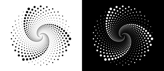 Poster - Modern abstract background. Halftone dots in circle form. Round logo. Vector dotted frame. Design element or icon, logo. Black shape on a white background and the same white shape on the black side.