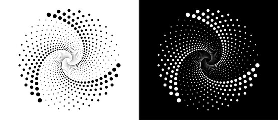 Poster - Modern abstract background. Halftone dots in circle form. Round logo. Vector dotted frame. Design element or icon, logo. Black shape on a white background and the same white shape on the black side.