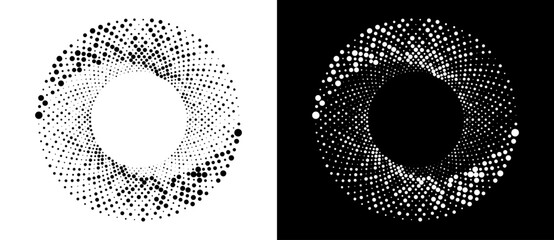Poster - Modern abstract background. Halftone dots in circle form. Round logo. Vector dotted frame. Design element or icon, logo. Black shape on a white background and the same white shape on the black side.