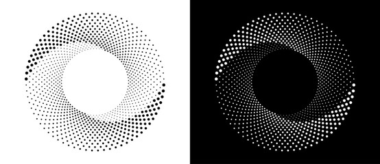 Poster - Modern abstract background. Halftone dots in circle form. Round logo. Vector dotted frame. Design element or icon, logo. Black shape on a white background and the same white shape on the black side.