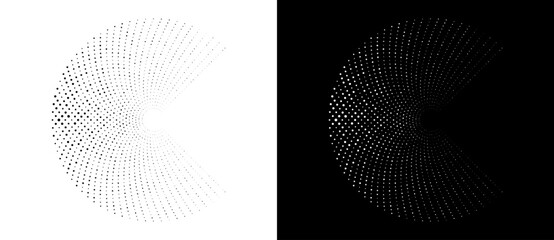 Poster - Modern abstract background. Halftone dots in circle form. Round logo. Vector dotted frame. Design element or icon, logo. Black shape on a white background and the same white shape on the black side.