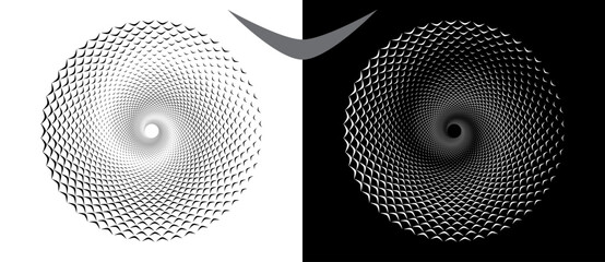 Poster - Modern abstract background. Waves in circle form. Round logo or icon, design element. Black shape on a white background and the same white shape on the black side.