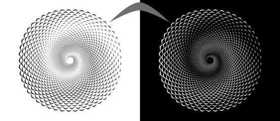 Poster - Modern abstract background. Waves in circle form. Round logo or icon, design element. Black shape on a white background and the same white shape on the black side.