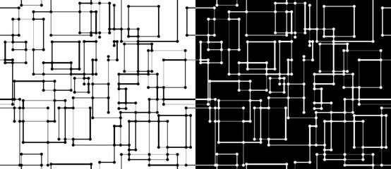 Poster - Seamless abstract background with lines and dots at their intersection. Black shapes on a white background and the same white shapes on the black side.