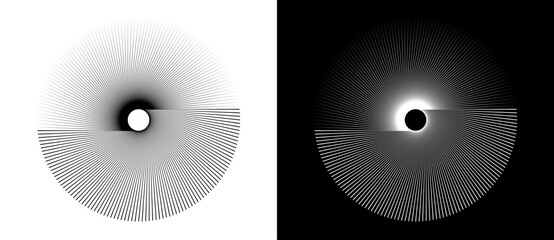 Poster - Lines in circle like art sun background. Tattoo template or icon, logo with lines. Black shape on a white background and the same white shape on the black side.