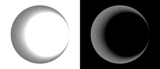 Poster - Lines in circle like art sun background. Tattoo template or icon, logo with lines. Black shape on a white background and the same white shape on the black side.