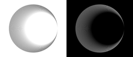 Poster - Lines in circle like art sun background. Tattoo template or icon, logo with lines. Black shape on a white background and the same white shape on the black side.