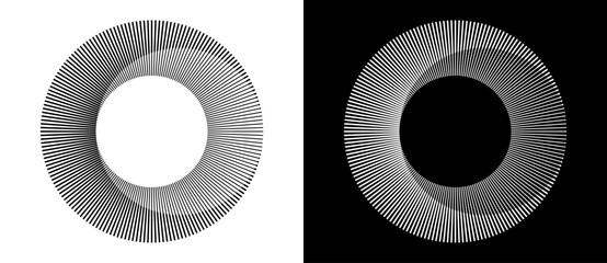 Poster - Lines in circle like art sun background. Tattoo template or icon, logo with lines. Black shape on a white background and the same white shape on the black side.