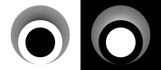 Poster - Lines in circle like art sun background. Tattoo template or icon, logo with lines. Black shape on a white background and the same white shape on the black side.