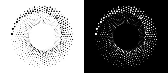 Poster - Modern abstract background. Halftone dots in circle form. Round logo. Vector dotted frame. Design element or icon, logo. Black shape on a white background and the same white shape on the black side.