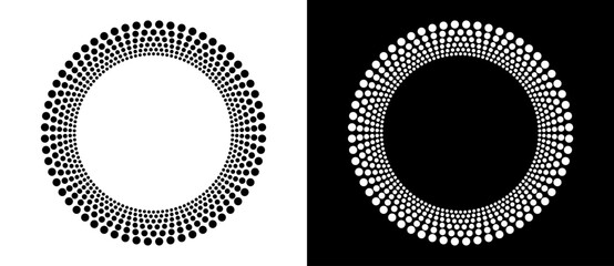 Poster - Modern abstract background. Halftone dots in circle form. Round logo. Vector dotted frame. Design element or icon, logo. Black shape on a white background and the same white shape on the black side.