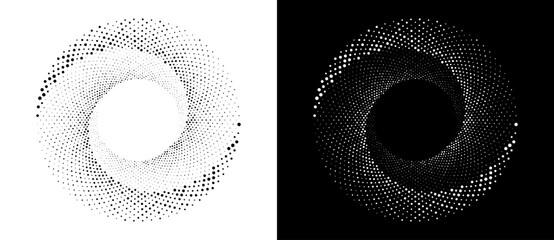 Poster - Modern abstract background. Halftone dots in circle form. Round logo. Vector dotted frame. Design element or icon, logo. Black shape on a white background and the same white shape on the black side.