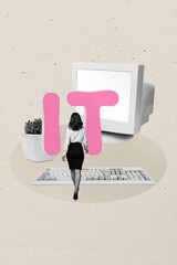 Aufkleber - Trend artwork 3D photo collage of young businesswoman walk keypad obsolete computer monitor programming connection coding data hacker