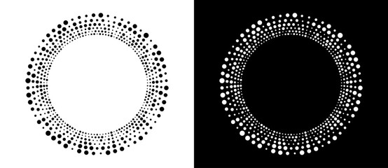 Poster - Modern abstract background. Halftone dots in circle form. Round logo. Vector dotted frame. Design element or icon, logo. Black shape on a white background and the same white shape on the black side.