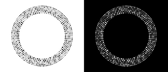 Poster - Modern abstract background. Halftone dots in circle form. Round logo. Vector dotted frame. Design element or icon, logo. Black shape on a white background and the same white shape on the black side.