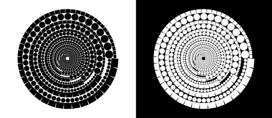 Poster - Modern abstract background. Halftone dots and rectangles in circle form. Round logo. Design element or icon. Black shape on a white background and the same white shape on the black side.