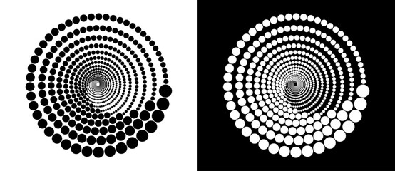 Poster - Modern abstract background. Halftone dots in circle form. Round logo. Vector dotted frame. Design element or icon, logo. Black shape on a white background and the same white shape on the black side.
