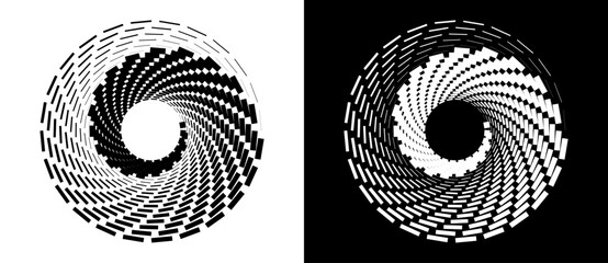 Poster - Abstract vector circle frame with rectangles as logo or emblem. Spiral design element or icon. Black shape on a white background and the same white shape on the black side.
