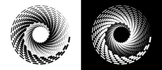 Poster - Abstract vector circle frame with rectangles as logo or emblem. Spiral design element or icon. Black shape on a white background and the same white shape on the black side.