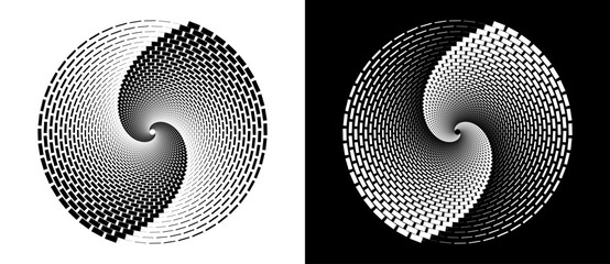 Poster - Abstract vector circle frame with rectangles as logo or emblem. Spiral design element or icon. Black shape on a white background and the same white shape on the black side.