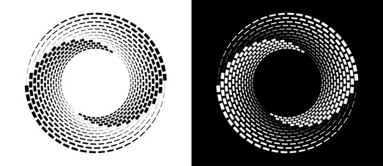 Poster - Abstract vector circle frame with rectangles as logo or emblem. Spiral design element or icon. Black shape on a white background and the same white shape on the black side.