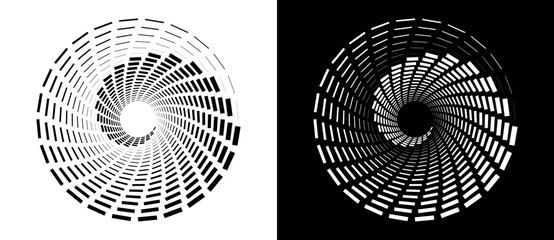 Poster - Abstract vector circle frame with rectangles as logo or emblem. Spiral design element or icon. Black shape on a white background and the same white shape on the black side.