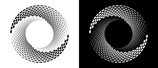 Poster - Abstract vector circle frame with rectangles as logo or emblem. Spiral design element or icon. Black shape on a white background and the same white shape on the black side.