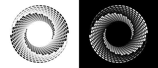 Poster - Abstract vector circle frame with rectangles as logo or emblem. Spiral design element or icon. Black shape on a white background and the same white shape on the black side.