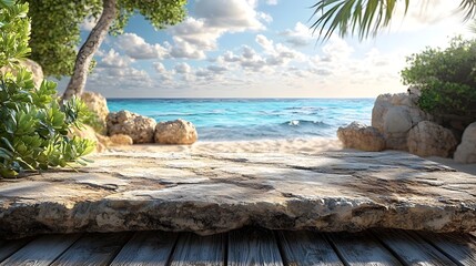 Wall Mural - wooden table on a tropical beach background
