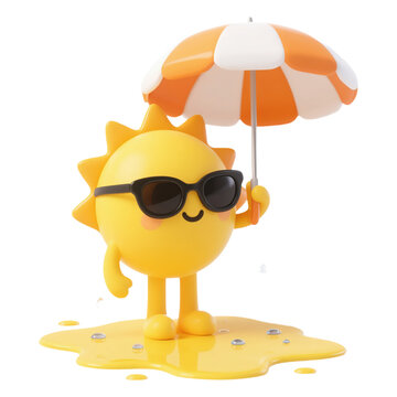 3D Rendered Sun Character with Umbrella for Summer Graphics